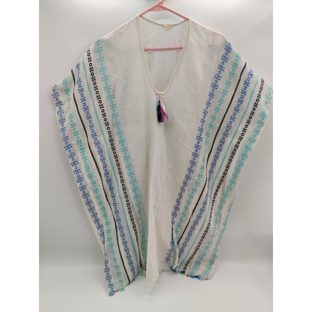Surf Gypsy Women's Ivory Blue Striped Tassel Accent Cover Up Dress